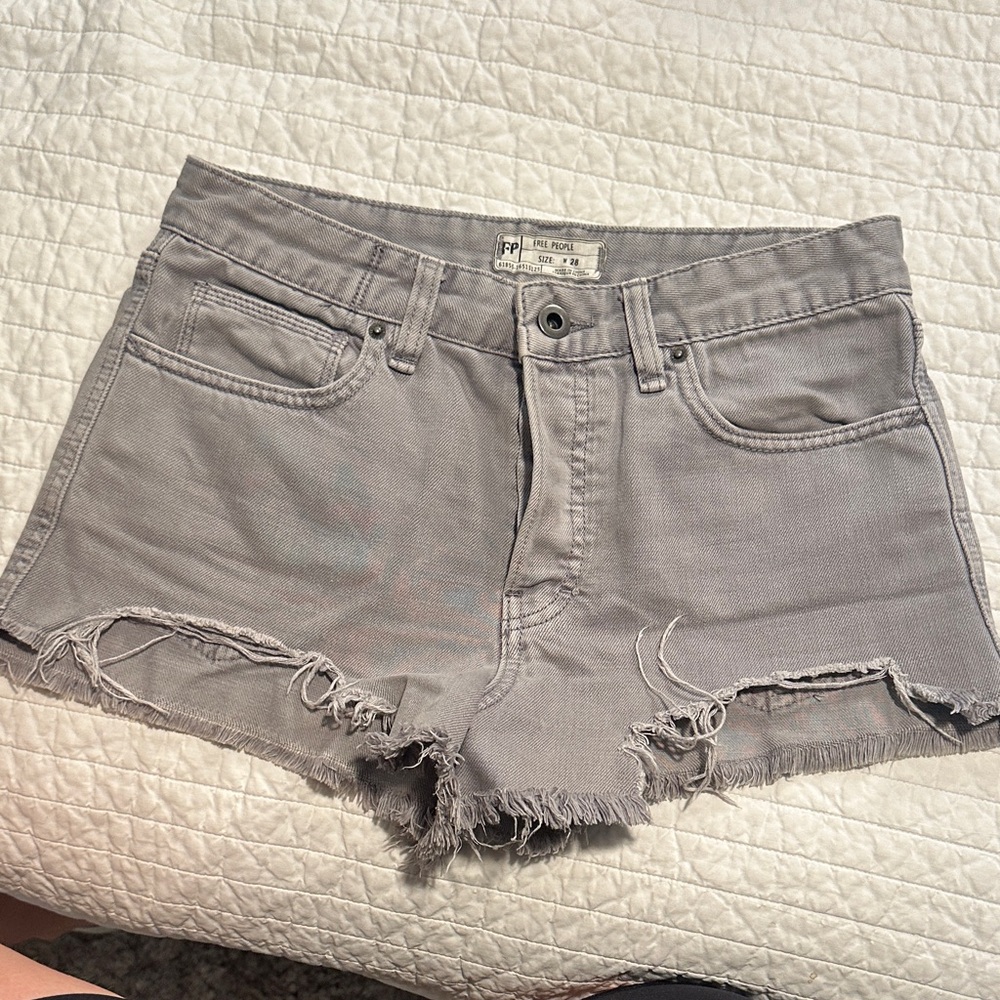 Free People Light Gray Frayed Jean Shorts